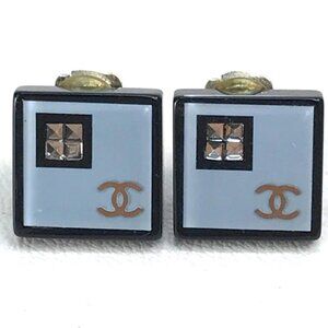 CHANEL CC Mark Square Coco Rhinestone Earrings Accessories Plastic Light blue